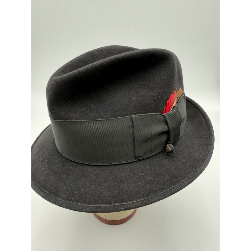 Stetson 22 Fedora Hat Mens 7 1/8 Black Good Twenty-Two Fur Felt Feather Vintage